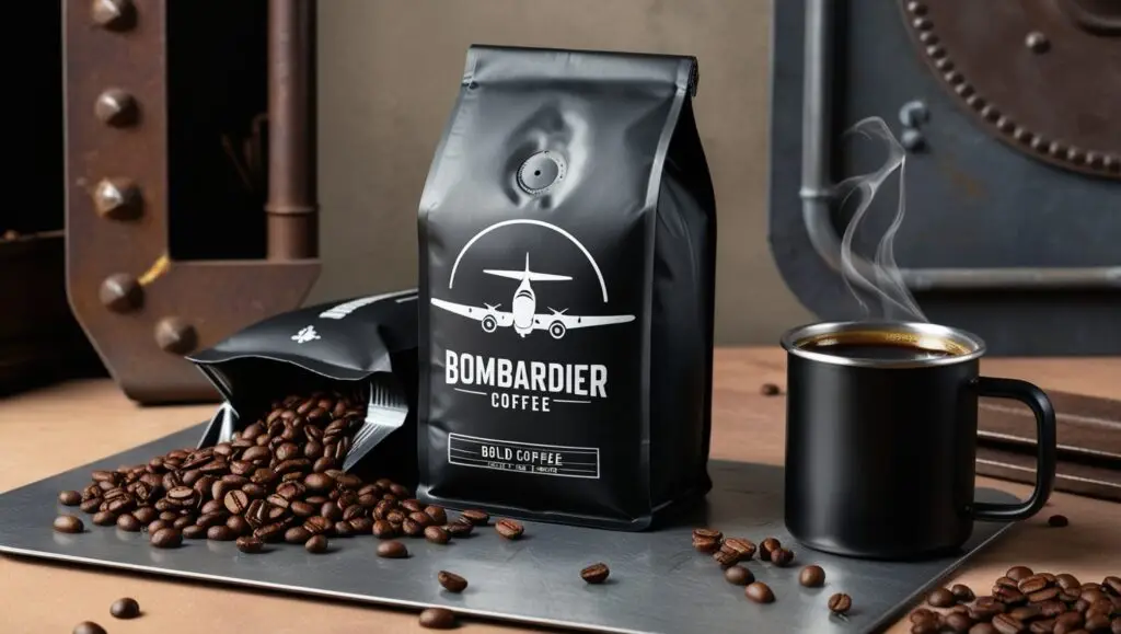 Bombardier Coffee: The Energizing Brew with a Unique Military Legacy A steaming mug of Bombardier coffee served in a rustic setting with a military-inspired design