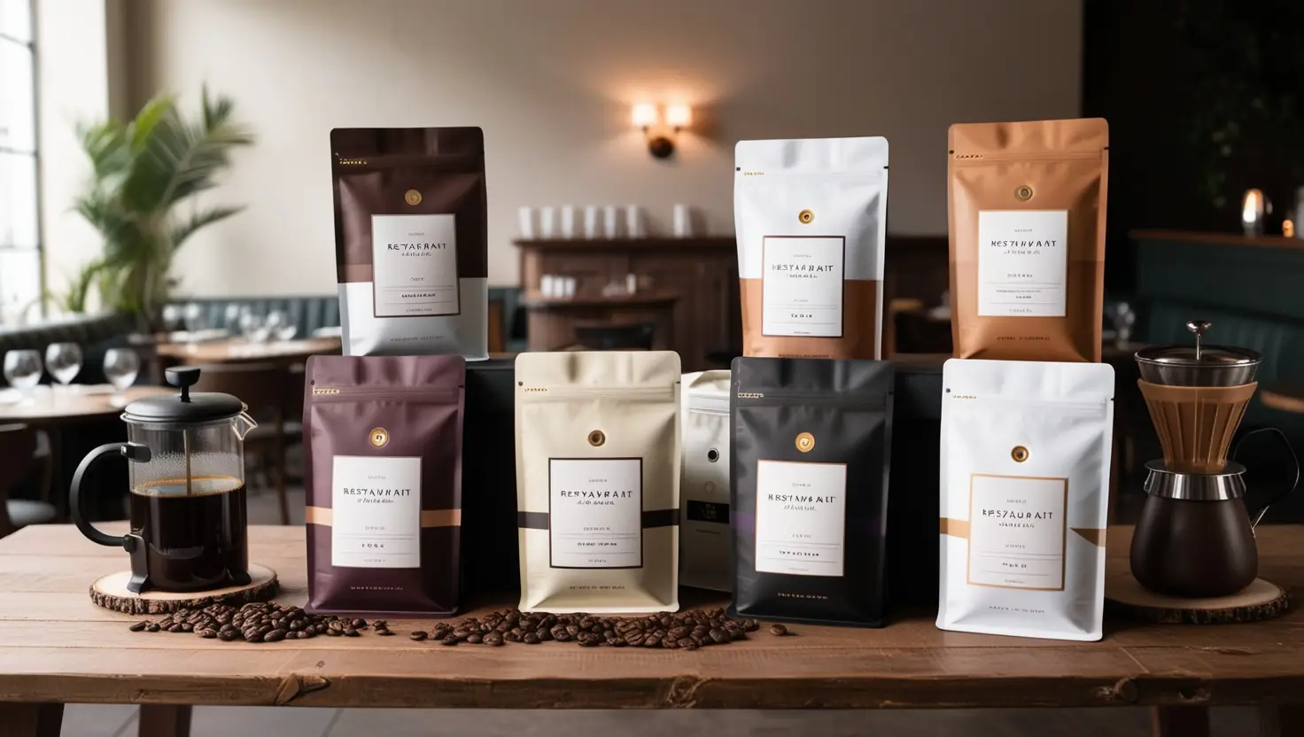 Fresh coffee bags for restaurants on display in a cozy cafe.