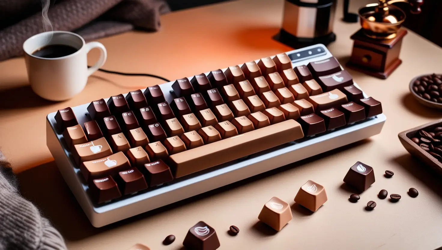 Coffee-themed heycaps on a mechanical keyboard with a warm, cozy aesthetic