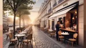 Cozy ambiance with a cup of Paris Drift Coffee in a Parisian café setting.