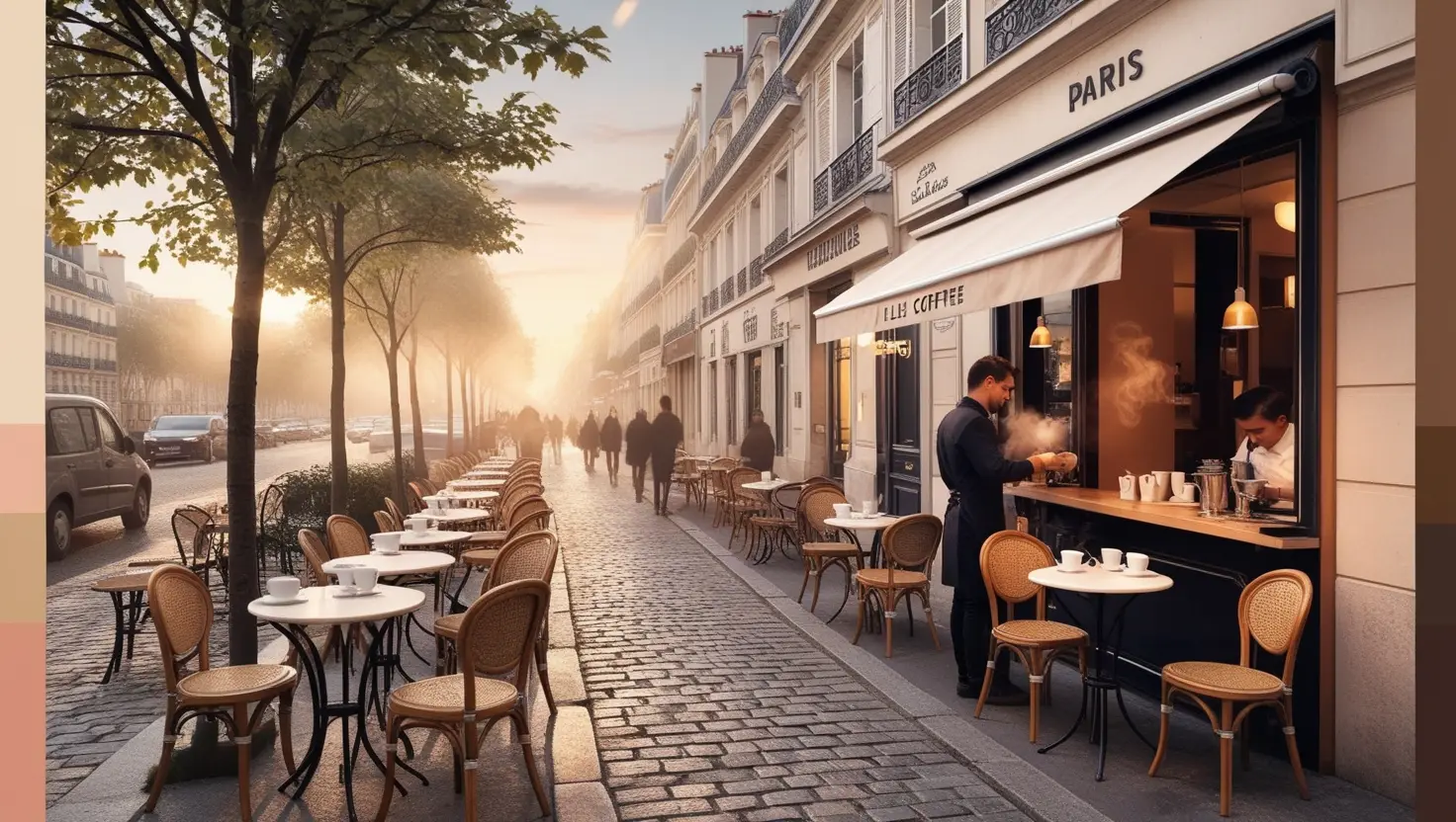 Cozy ambiance with a cup of Paris Drift Coffee in a Parisian café setting.