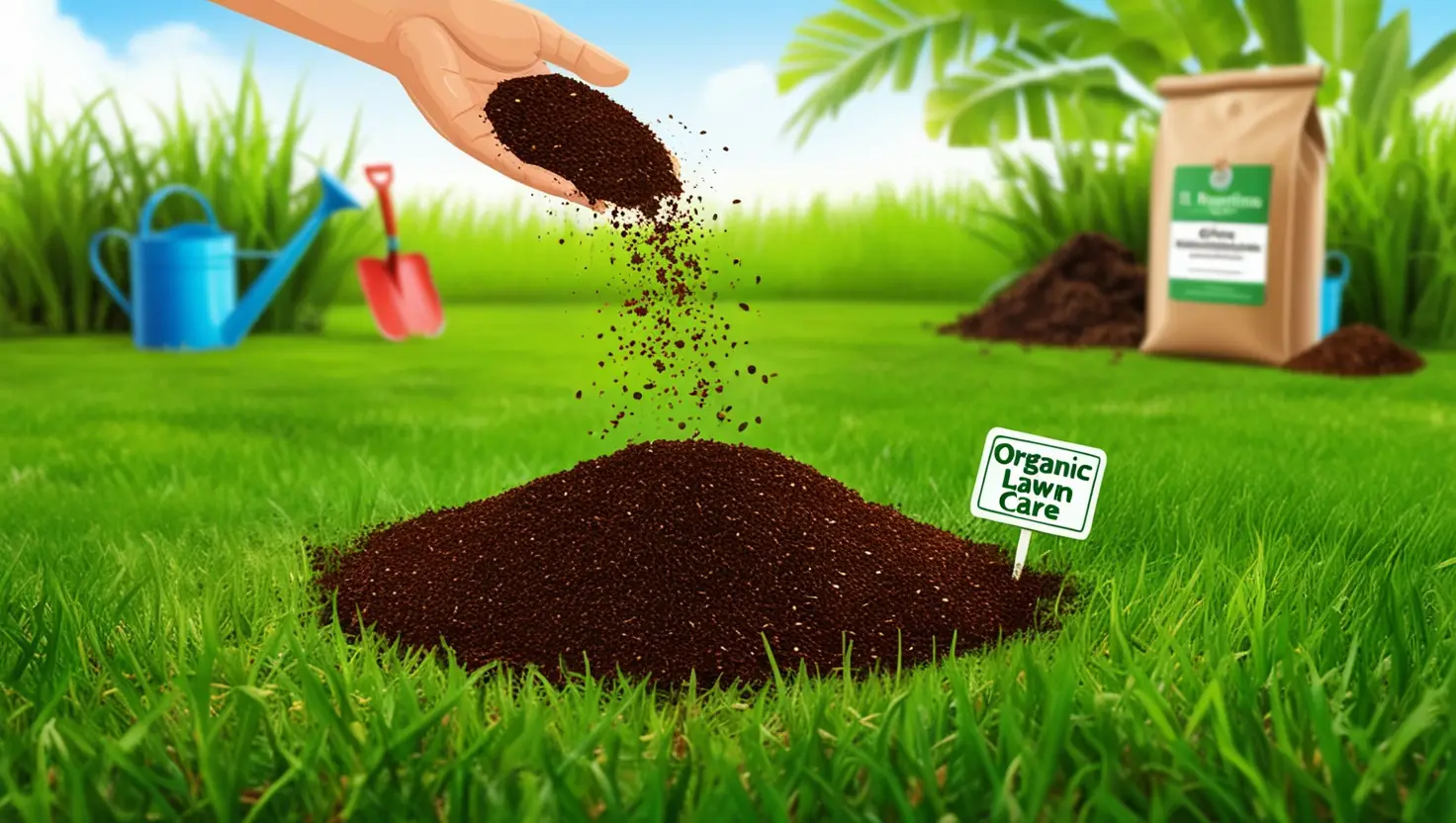 Coffee grounds being applied to St. Augustine grass for soil health improvement.