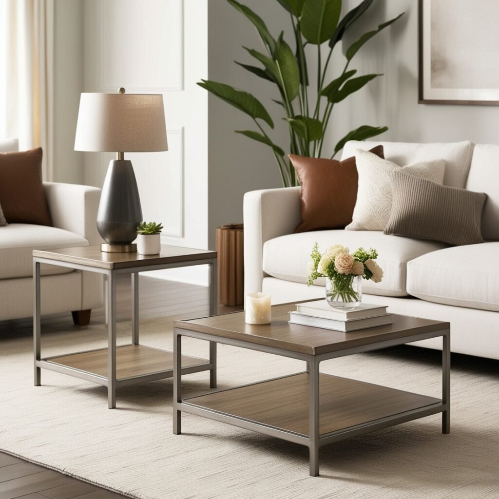A stylish living room featuring a matching coffee table and end table set, showcasing harmony in furniture design and home decor.