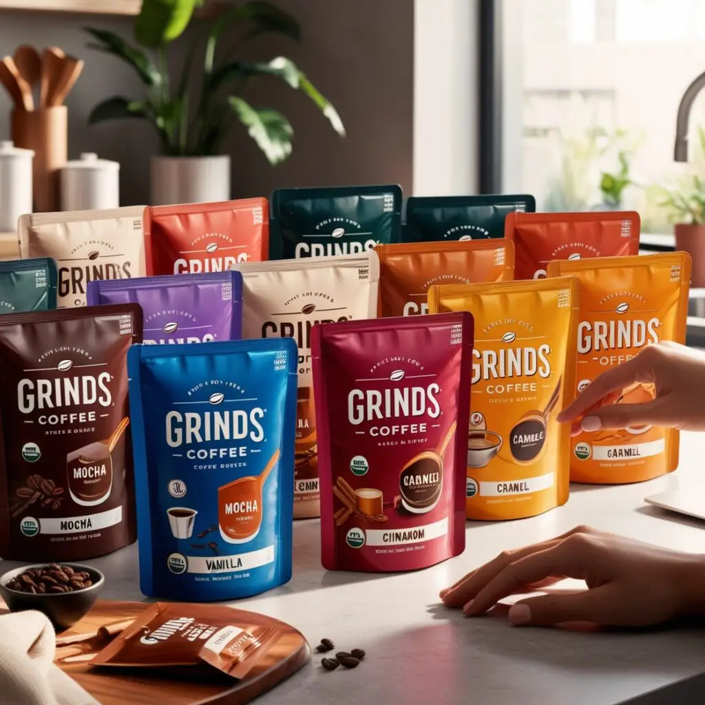 Image of Grinds Coffee Pouches, illustrating the various flavors and their use as a coffee alternative.