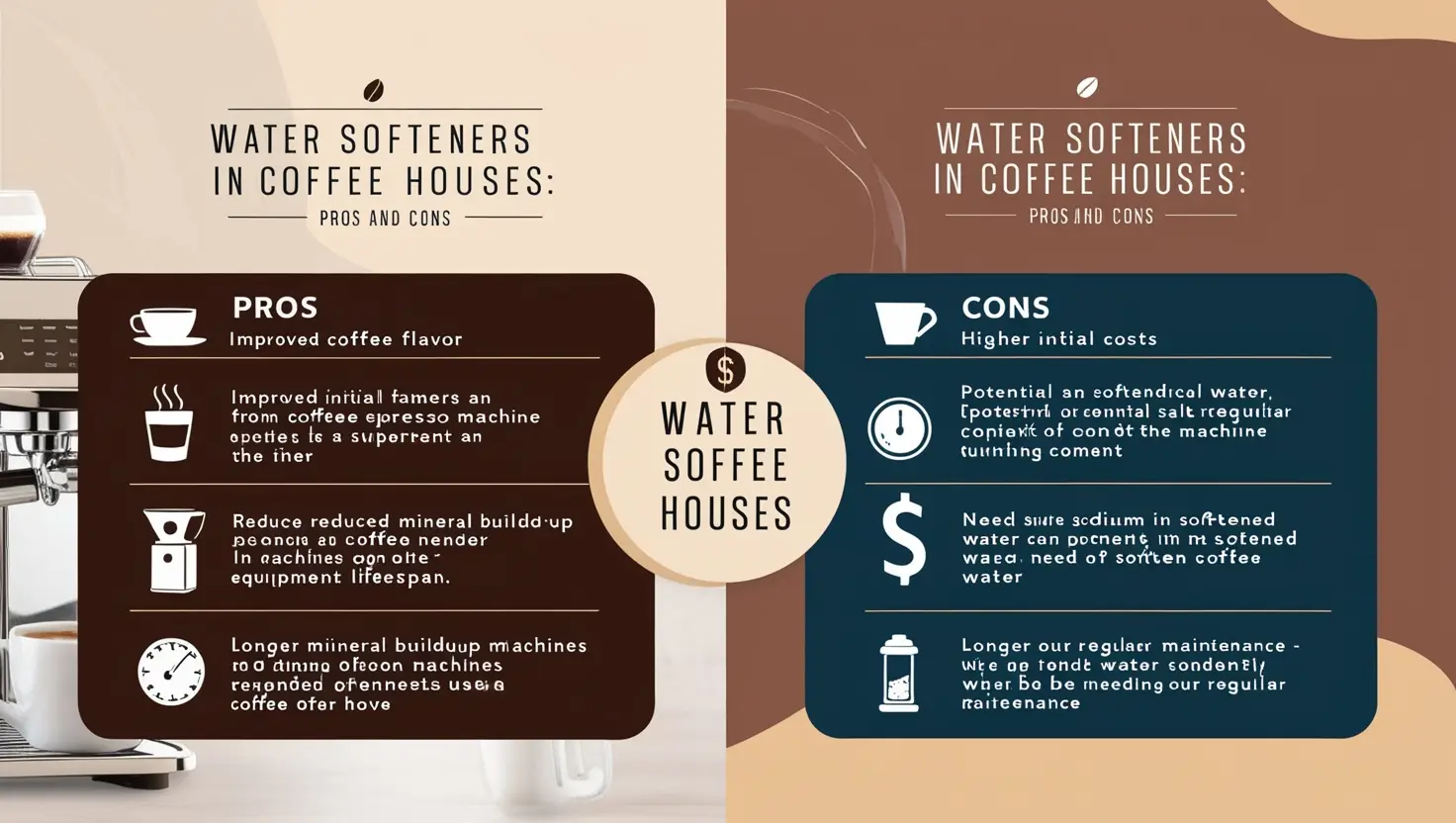 Water softeners used in coffee house setup with equipment and barista preparing coffee