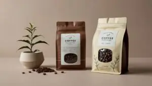 Stylish flexible coffee packaging on a café counter showcasing freshness and branding.