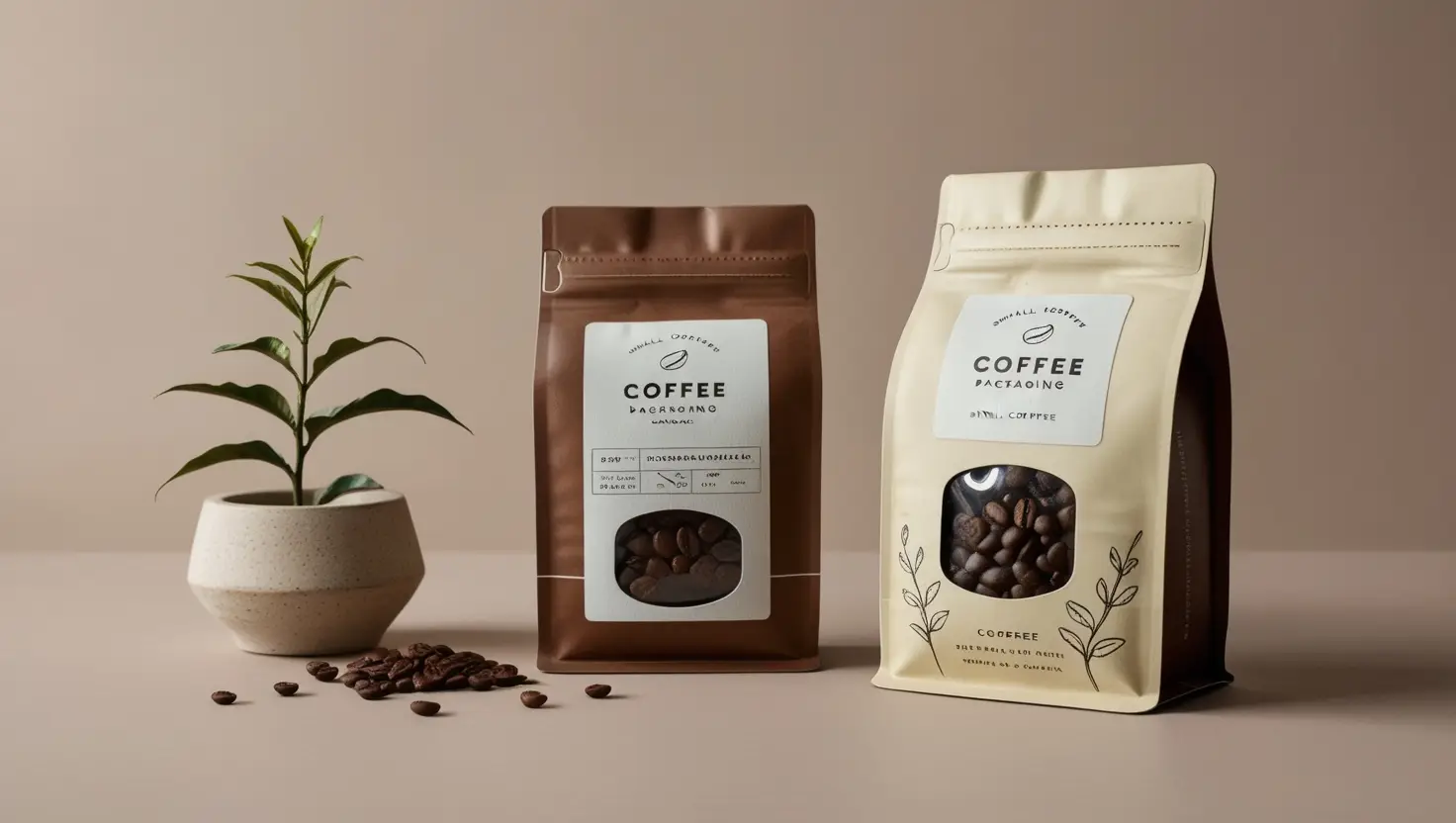 Stylish flexible coffee packaging on a café counter showcasing freshness and branding.