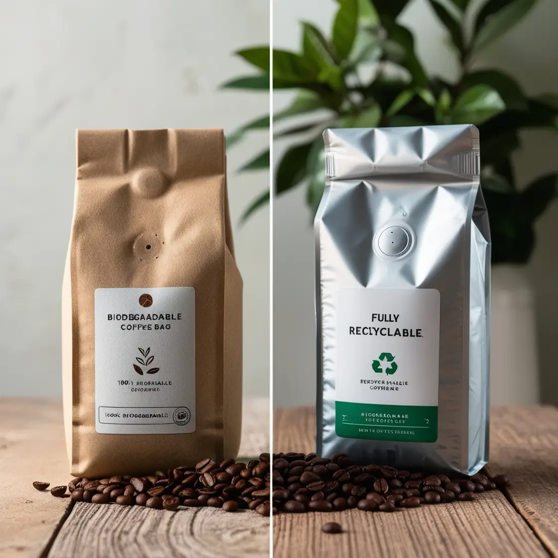 A coffee package showcasing both biodegradable and recyclable symbols for sustainable options