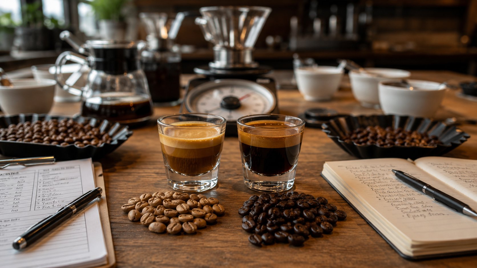 Blonde espresso compared with regular espresso showing roast color differences and crema appearance