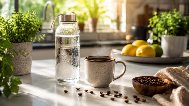 Can Coffee Cause Dehydration featuring a coffee cup and water glass in a healthy lifestyle setting