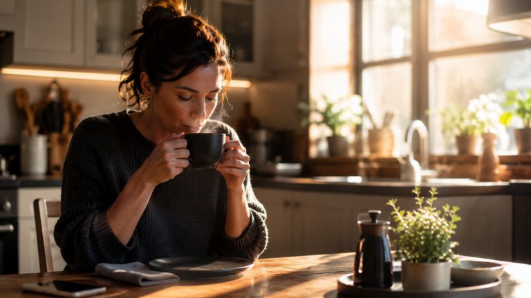 Can You Drink Coffee on an Empty Stomach featuring a person enjoying morning coffee before breakfast