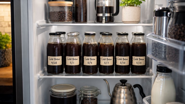 How Long Does Cold Brew Last? Storage Tips Cold brew coffee stored in airtight glass bottles inside a refrigerator to maintain freshness