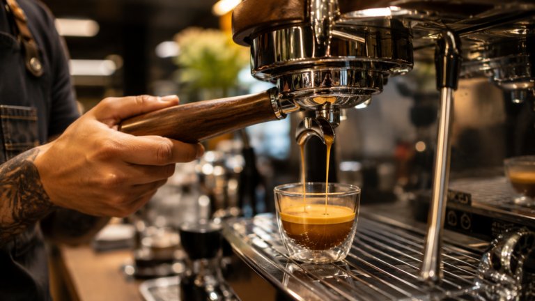 What Is Blonde Espresso featuring a golden espresso shot served in a modern specialty coffee shop