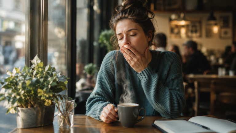 Why Does Coffee Make Me Sleepy featuring a person feeling tired while holding a cup of coffee